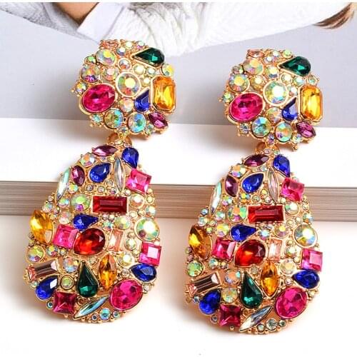 Luxury Exaggerated Colorful Glass Crystal Geometric Earrings Rhinestone Big Pendant Dangle Earrings Statement Jewelry