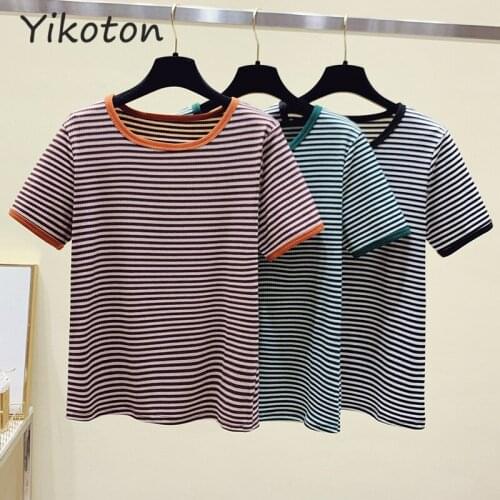 2021 Summer Women Tshirt Striped Cotton Short Sleeve T-shirt Womens Clothing O-Neck T Shirt Female Top Fashion Basic Sexy Femme