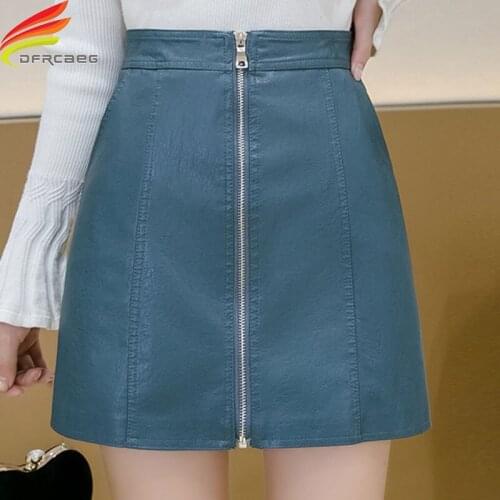 New 2020 Autumn Winter High Waist Zipper Up Leather Skirt For Women Korean Fashion A Line Mini Skirts Womens Black Blue White