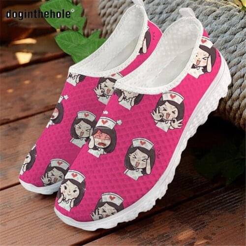 Doginthehole Women Mesh Slip on Shoes Cute Nurse Girls Print Femme Summer Breathable Flat Walking Footwear Zapatos de mujer