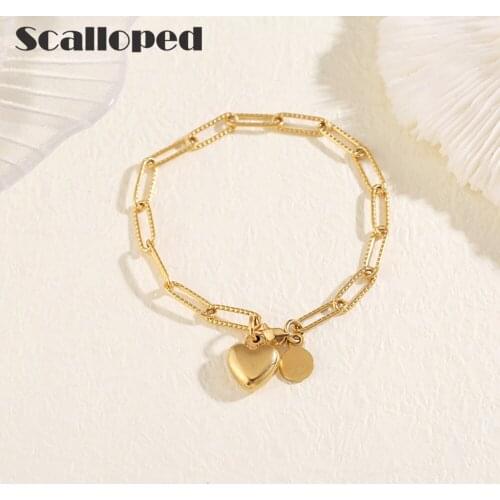 SCALLOPED Vintage Love Heart Chain Link Bracelets High Quality Stainless Steel Women Statement Jewelry Girlfriend Gift