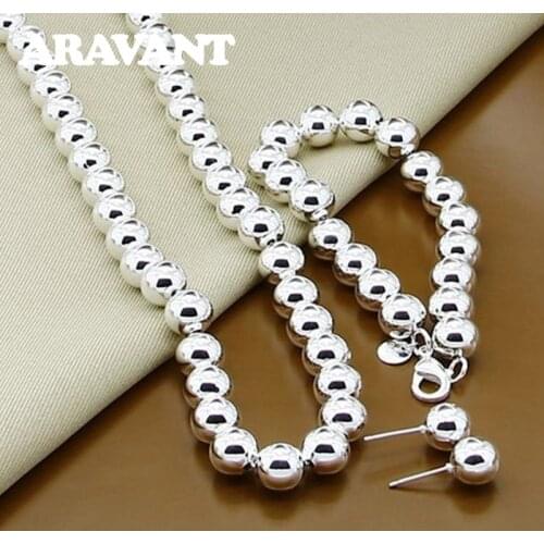 925 Silver Wedding Jewelry Sets For Women Beads Jewelry Set 10MM Bead Bracelet Necklace Chains Earring