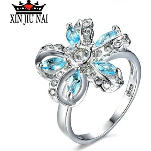 Luxury ball party 925 Silver Big Bow Knot RING Blue CZ Zircon Crystal Finger Ring For Women Wedding Fine personalized Jewelry