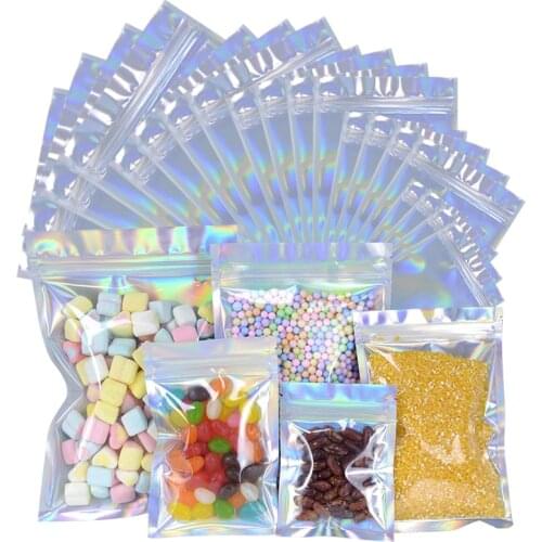 20Pcs Iridescent Paper Bags Zip Lock With Window Stand Up Resealable Grip Ziplock Pouches Tea Coffee Bean Candy Packaging Food
