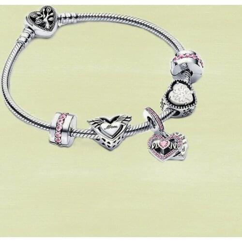 2021 New High Quality Mothers Day Series S925 Silver Heart-shaped Wing Bracelet Set, Charm Diy 1:1 Jewelry Gifts For Women