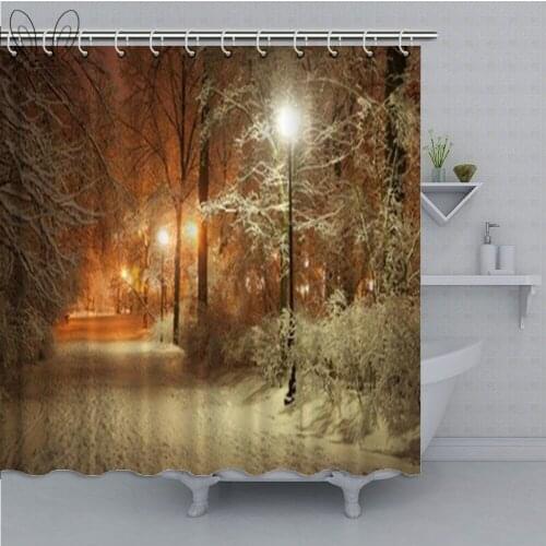 Aplysia Winter Alley in Park and Shining Lanterns Fabric Shower Curtain Decor Winter Landscape Shower Curtain Accessories