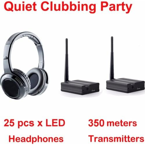 Silent Disco complete system black led wireless headphones - Quiet Clubbing Party Bundle (25Headphones + 2 Transmitters)