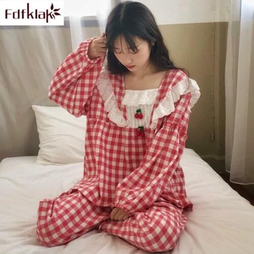 Fdfklak Sweet girls homewear clothes spring autumn pyjamas women fashion plaid cotton pajamas set sleepwear pyjamas female