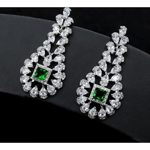 EYER Fashion New Products Clear and Green Dangles Long Earrings for Women Wedding Trendy Earrings Water Drop Zircon Party Gift