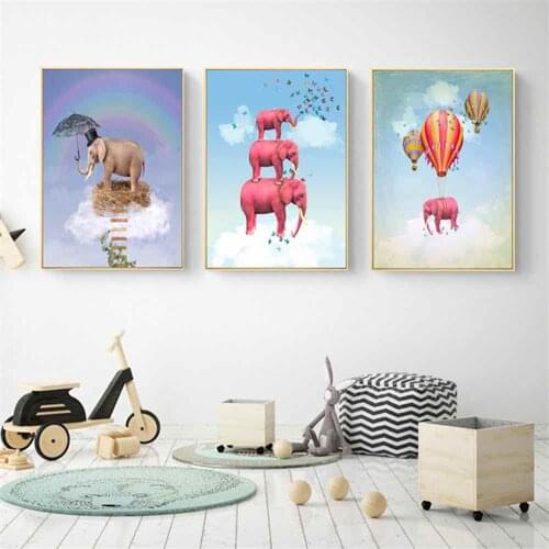 HAOCHU Cute Pink Elephants Canvas Balloon Painting For Living Room Home Decor Painting Print Poster Simple Nordic Wall Picture