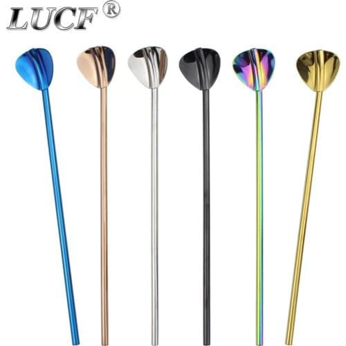 LUCF New Creative Long Drinking Straw with Ice Spoon 304 Stainless Steel Reusable Colorful Metal Straws Coffee Stirring Spoons