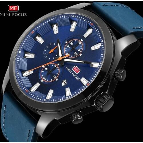 MINI FOCUS Military Casual Quartz Watch Men Blue Genuine Leather Strap Chronograph Waterproof Wrist Watches Relogio Masculino