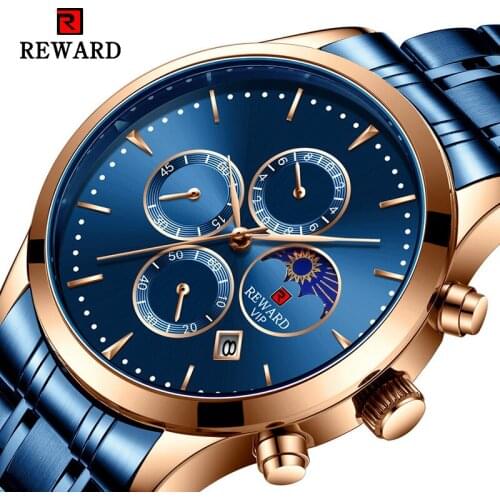 REWARD 2020 Men Quartz Watches Moon Phase Calendar Fashion Blue Stainless Steel Band Rose Gold Case Business Watch Montre Homme