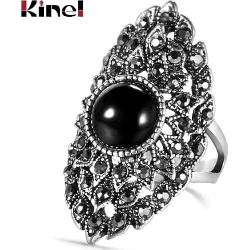 Kinel New Black Stone Rings For Women Retro Tibetan Silver Vintage Wedding Engagement Ring Jewelry Crystal Gift Drop Shipping