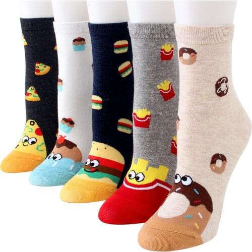 PEONFLY Combed Cotton Women Socks Harajuku Colorful Cartoon Cute Funny Kawaii Hamburger Pizza Socks For Female Christmas Gift