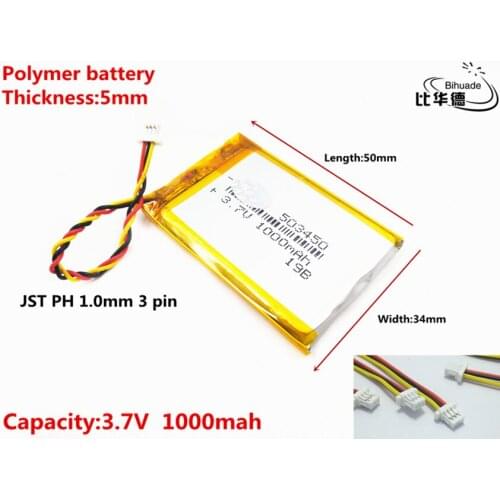 JST PH 1.0mm 3 pin Good Qulity 3.7V,1000mAH 503450 Polymer lithium ion / Li-ion battery for tablet pc BANK,GPS,mp3,mp4