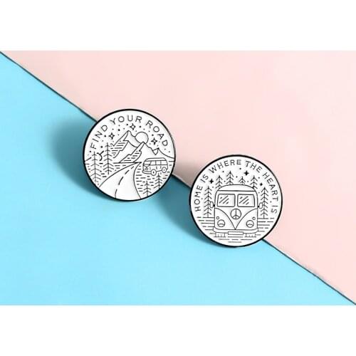 Simple Sketch Bus Enamel Pins 'Find Your Road' 'Home Is Where The Heart Is' Inspiring Brooches Badges Pins Gifts for Women Men