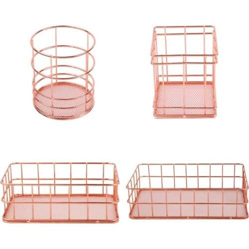 Nordic Rose Gold Metal Wire Storage Basket Cosmetic Organizer Holder Home Office Desk Toiletry Collection Bathroom Shelf