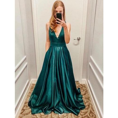 Deep Green Evening Dress Sexy V-neck A-line Long Prom Dresses
