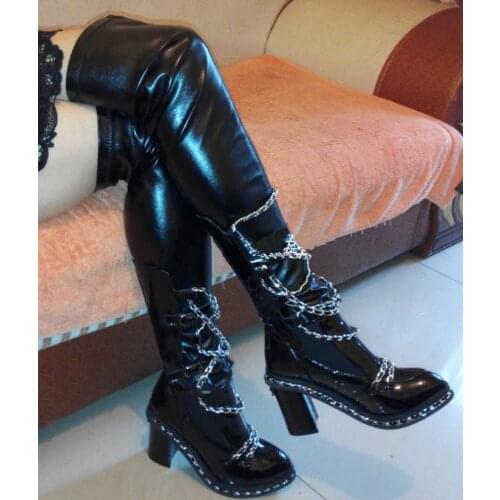 Versatile Leather Women Motorcycle Boots Punk Style Thigh High Boots Fashion Chains Block Heels Over-The-Knee Boots