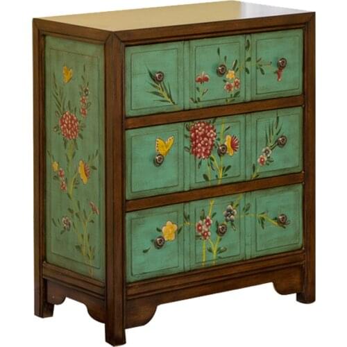 European-style Painted Three-drawer Cabinet Americanside Cabinet Old Green Drawer Cabinet Bedside Cabine Bedroom Storage Cabinet