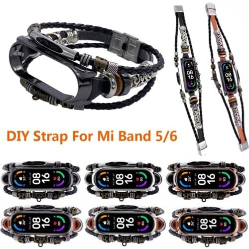 Vintage Leather Bracelet For Xiaomi Mi Band 5 / 6 Strap Retro Wristband Fashion Retro Strap For Mi Band 6 5 Nfc Weave Rope Band