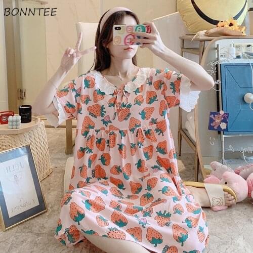 Women Nightgowns Short Sleeve Summer Knee-length Sweet Lace Printed Various Colors Stylish Casual Loose Camisola Nightdress Soft