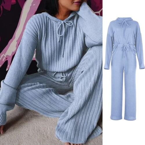 Women Autumn Ribbed Knit 2 Pieces Outfits Long Sleeve Drawstring Hoodie Sweatshirt Tops Wide Leg Loose Pants Solid Color Pajamas