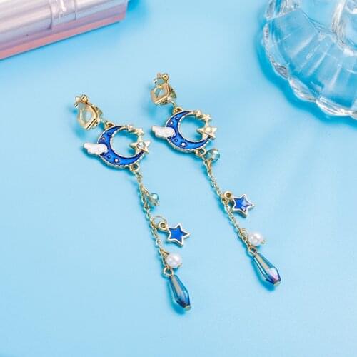 2018 New Korean Creative Clip On Earrings Cute Blue Universe Moon Star Asymmetric Long Tassel for Girl Women Without Piercing