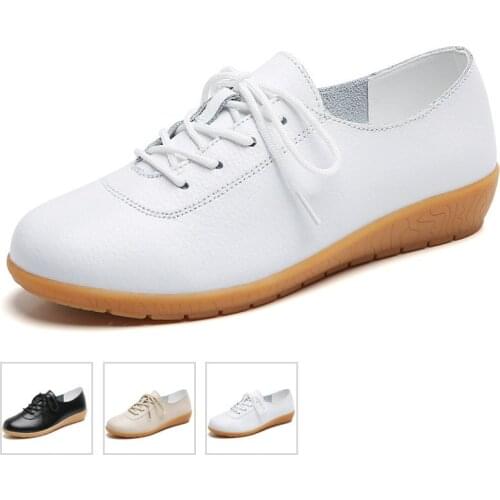2021 Spring Women Oxford Shoes Ballerina Flats Shoes Woman Genuine Leather Shoes Moccasins Lace Up Loafers White Ladies Shoes