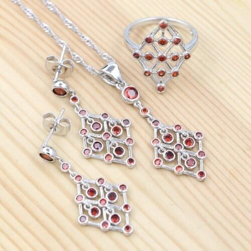 925 Sterling Silver Drop Earrings Romantic Jewelry Sets For Women Red Cubic Zirconia Pendant Necklace Ring Earrings