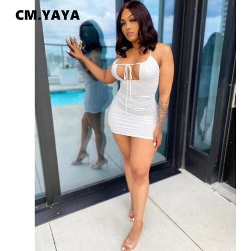 CM.YAYA Ruched Stacked Women Midi Dress Basic Sleeveless Lace Up Bodycon Sexy Night Party Clubwear Bandage Dresses