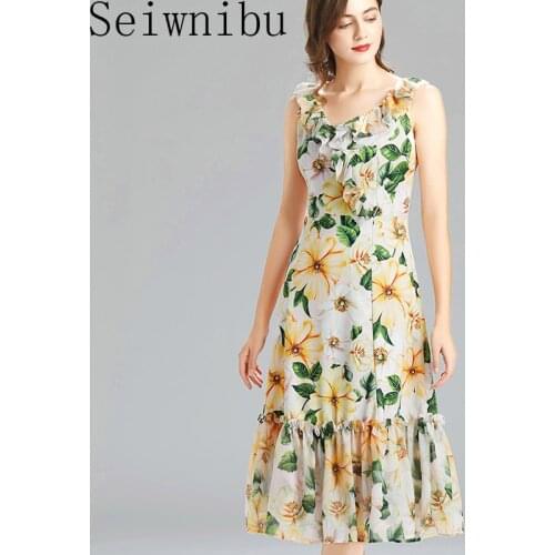Summer Dress Runway 2021 High Street Sexy Sleeveless Rose Flower Printed Yellow Floral Ruchend Mermaid Boho Dresses Vestidos