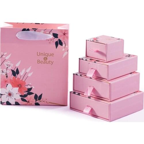12 Pcs Pink Cardboard Paper Jeweley Packaging WIth Flower Printing Four Size For Bracelet Ring Earrings Jewelry Set Case Storage