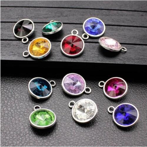 12pcs Round Silver Color Birthstone DIY Birthday Stones 12 Months Alloy Size17mm Charms Pendants