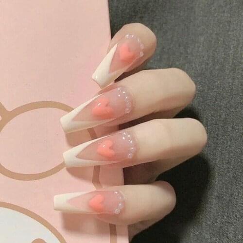 24Pcs Pink Love Pearl Print designs Nails Patch Glue Type Press On Nails DIY Slider Long Paragraph Fashion Removable Manicure