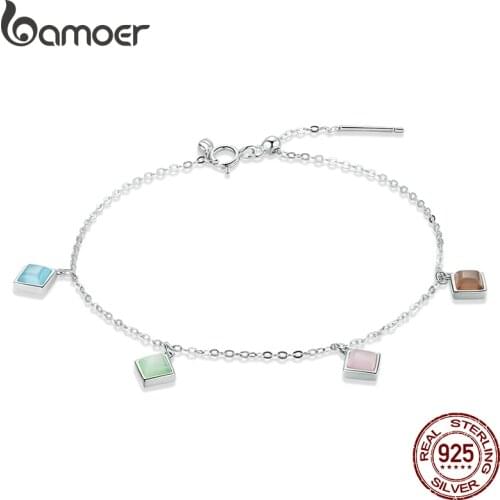 Bamoer Silver Simple Geometry Bracelet Colors Square Opal Stones 925 Sterling Silver Bracelet for Women Adjustable Jewelry