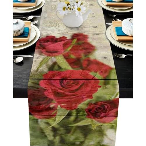 ValentineS Day Roses Wood Grain Table Runner Wedding Table Decoration Dining Table Decor Placemat Christmas Decor Tablecloth