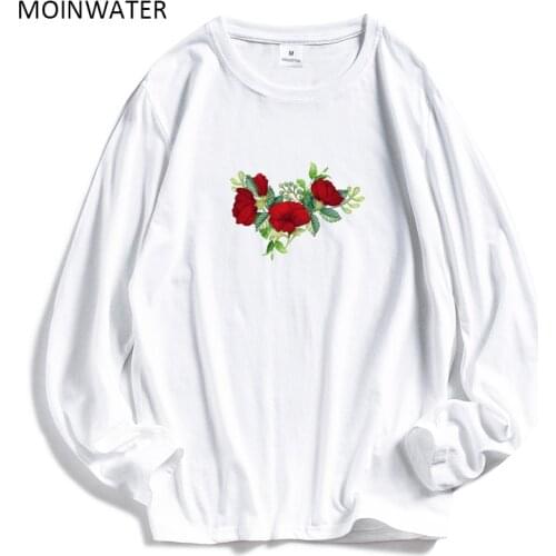 MOINWATER 2020 Women Long Sleeve T shirts Flowers Print Lady White Black Cotton Tops Female Soft Casual Tees T-shirt MLT1915