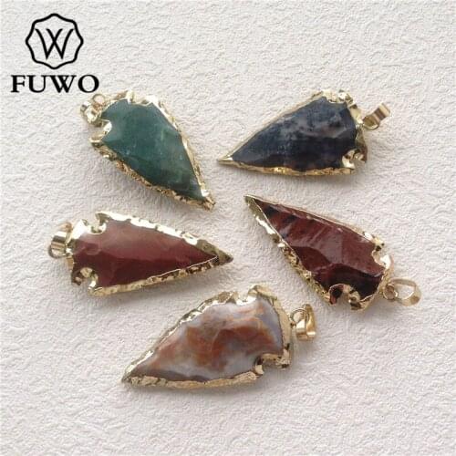 FUWO Wholesale Vintage Agates Arrowhead Pendant With 24K Gold Filled Edge Genuine Raw Stone Spear Points Tribal Jewelry PD096