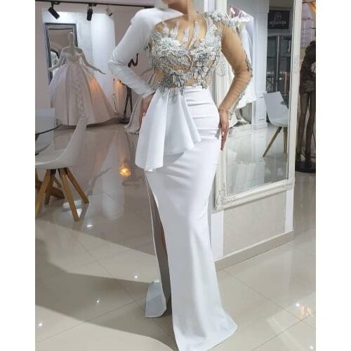 High End White Floral Appliques Beaded Evening Dresses 2021 See Thru Full Sleeves Prom Gowns Sexy High Side Split Formal Dress