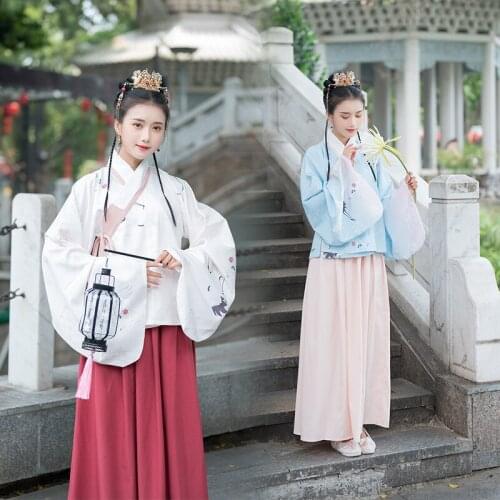 Collar Han nationality costume female ancient style crane upper coat printed pleated skirt set autumn and winter wear