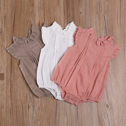 0-18M Summer Infant Baby Girls Boys Bodysuits Solid Color Pleated Flying Ruffled Sleeve Crotch Button One-piece Jumpsuits