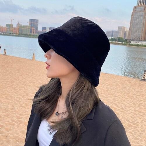 Fashion Faux Fur Winter Bucket Hat For Women Girl Solid Thickened Soft Warm Fishing Cap Outdoor Vacation Hat Cap Lady