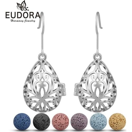 EUDORA 12mm Copper Water Drop Fashion Dangle Earring Lava Stone Beads Earrings Aromatherapy Essential Oil Diffuser Hook Earring
