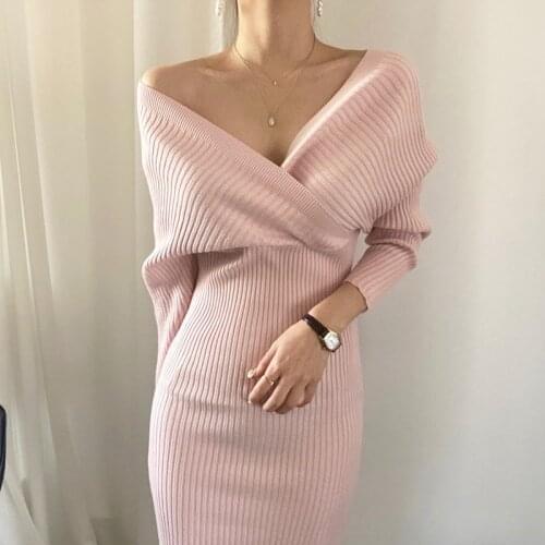 Solid Pink Black Knitted Sweater Dress Women Woman V Neck Jumper Dresses Winter Autumn 2021 Thick Warm Casual Korean Pollover