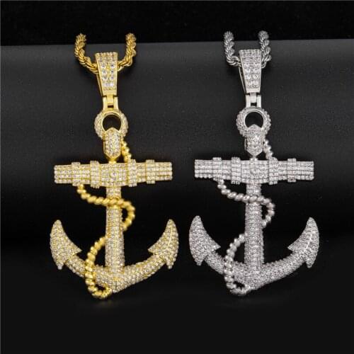 Hip Hop Anchor Pendant Necklaces For Men Fashion Iced Out AAA Zircon Jewelry With Stainless Steel Rope Chains