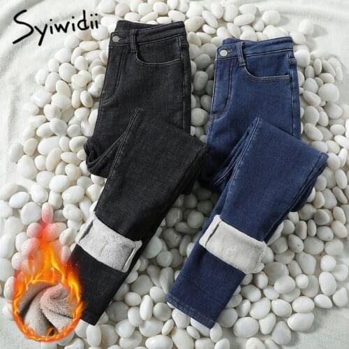 Syiwidii Woman Winter Thick Warm Pants High Waist Skinny Jeans Casual Vintage Fleece Warm Slim Stretch Ladies Denim Pencil Jean