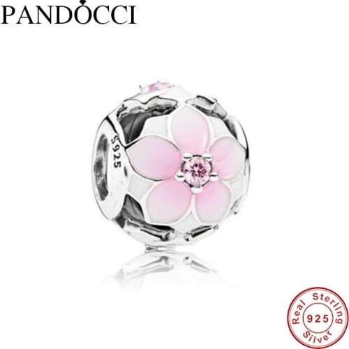 Spring Collection 925 Sterling Silver Magnolia Bloom Charm Bead Fits Pandora Bracelets Diy Jewelry Making QANDOCCI