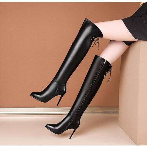 New winter style Genuine leather Knee-high boots Women boots fashion warm Fine with Female boots 100% cowhide Women shoes